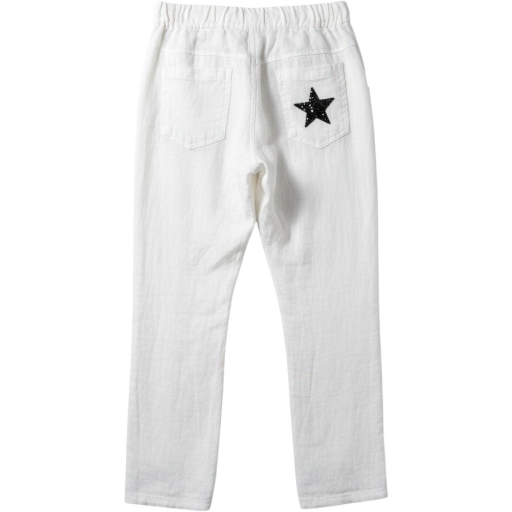 Brand Bazar Linen Pants Womens TU White Star Rhinestone Drawstring Italy Coastal